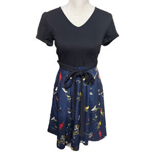 eShakti Fit n Flare Bird Print Dress Size 0 XS black navy blue tie belt